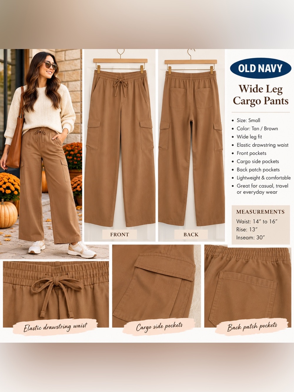 Old Navy Small Tan Wide Leg Cargo Pants Pull-On Drawstring High Rise